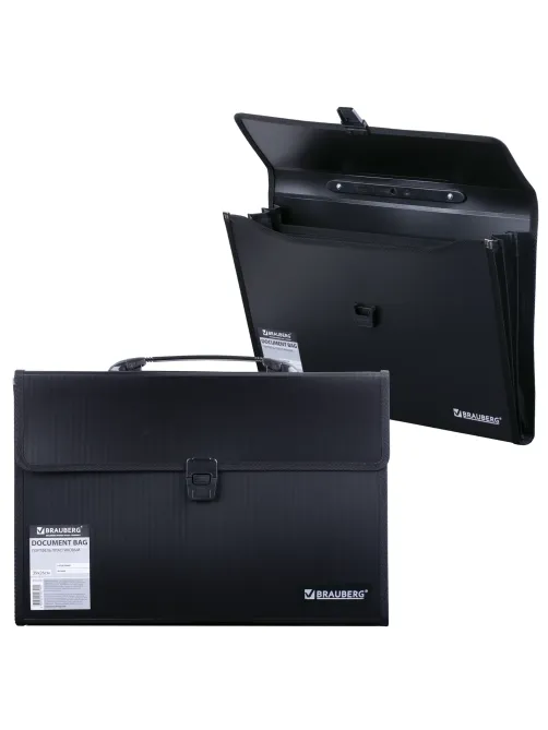 Папка-портфель пластиковая BRAUBERG А4+ (390х260х40 мм), 3 отделения, фактура линейная, черная, 221389