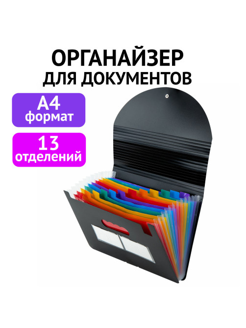 Папка-органайзер для бумаг и документов на резинке, 13 отделений, BRAUBERG DOCS, А4, черная, 271152