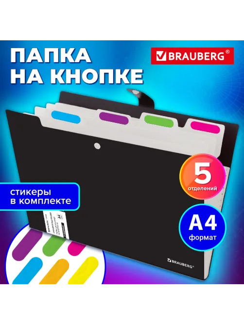 Папка-органайзер на кнопке 5 отделений, BRAUBERG 