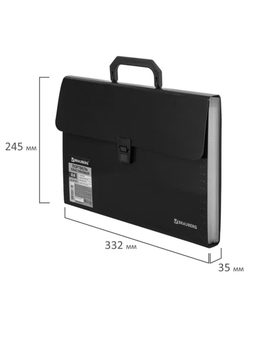 Папка-портфель пластиковая BRAUBERG А4 (332х245х35 мм), 13 отделений, фактура диагональ, черная, 221375