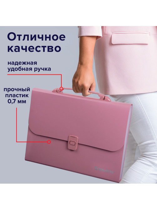 Папка-портфель пластиковая BRAUBERG А4 (327х254х30 мм), 13 отделений, розовая, 221441