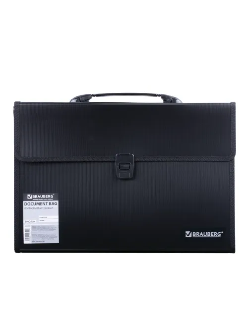 Папка-портфель пластиковая BRAUBERG А4+ (390х260х40 мм), 3 отделения, фактура линейная, черная, 221389