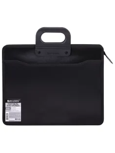Папка-портфель пластиковая BRAUBERG А4+ (390х320х120 мм), 4 отделения, фактура под дерево, черная, 221391