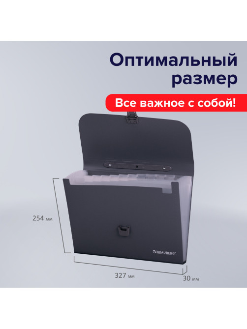 Папка-портфель пластиковая BRAUBERG А4 (327х254х30 мм), 13 отделений, серая, 221438