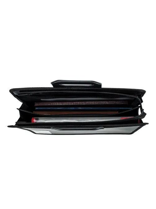 Папка-портфель пластиковая BRAUBERG А4+ (390х320х120 мм), 4 отделения, фактура под дерево, черная, 221391