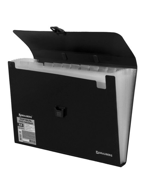 Папка-портфель пластиковая BRAUBERG А4 (332х245х35 мм), 13 отделений, фактура диагональ, черная, 221375