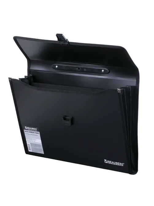 Папка-портфель пластиковая BRAUBERG А4+ (390х260х40 мм), 3 отделения, фактура линейная, черная, 221389