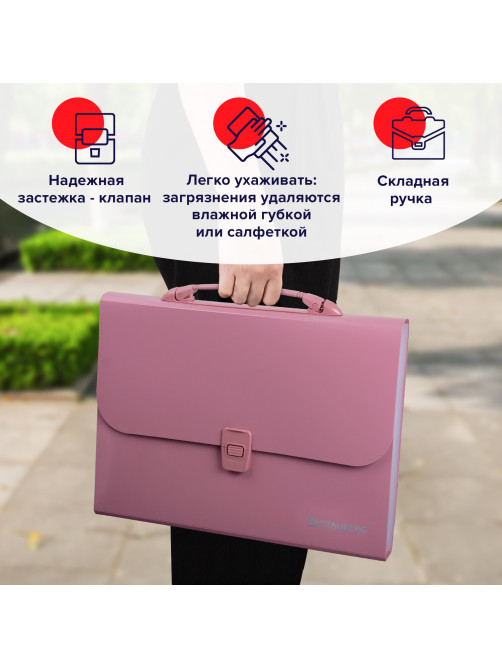 Папка-портфель пластиковая BRAUBERG А4 (327х254х30 мм), 13 отделений, розовая, 221441