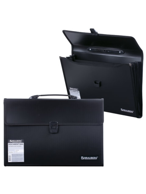 Папка-портфель пластиковая BRAUBERG А4+ (390х260х40 мм), 3 отделения, фактура линейная, черная, 221389