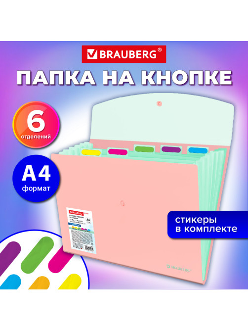 Папка-органайзер конверт на кнопке 6 отделений, BRAUBERG 