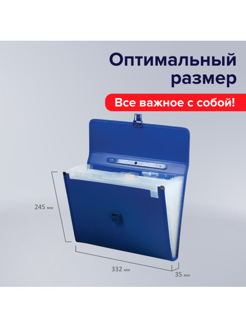 Папка-портфель пластиковая BRAUBERG А4 (332х245х35 мм), 13 отделений, синяя, 221379
