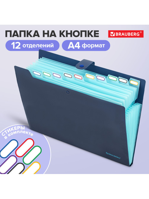 Папка-органайзер на кнопке 12 отделений, BRAUBERG 