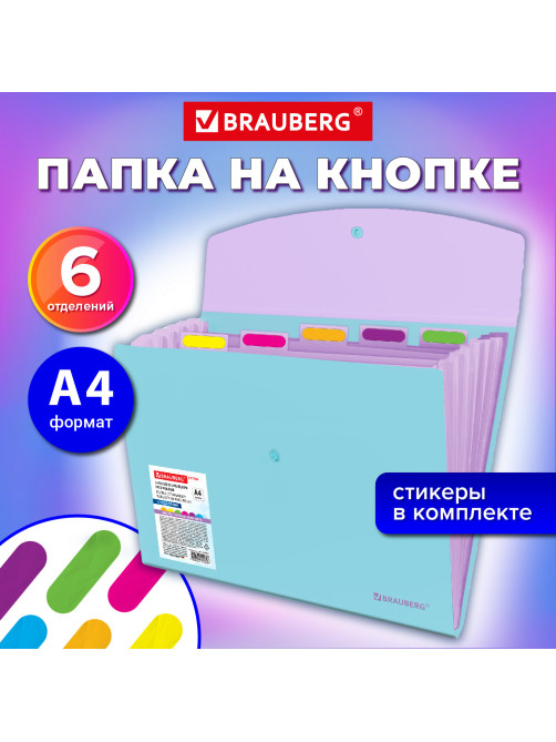 Папка-органайзер конверт на кнопке 6 отделений, BRAUBERG 