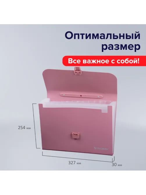 Папка-портфель пластиковая BRAUBERG А4 (327х254х30 мм), 13 отделений, розовая, 221441