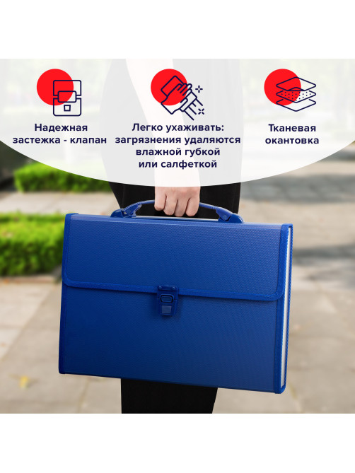 Папка-портфель пластиковая BRAUBERG А4 (332х245х35 мм), 13 отделений, синяя, 221379