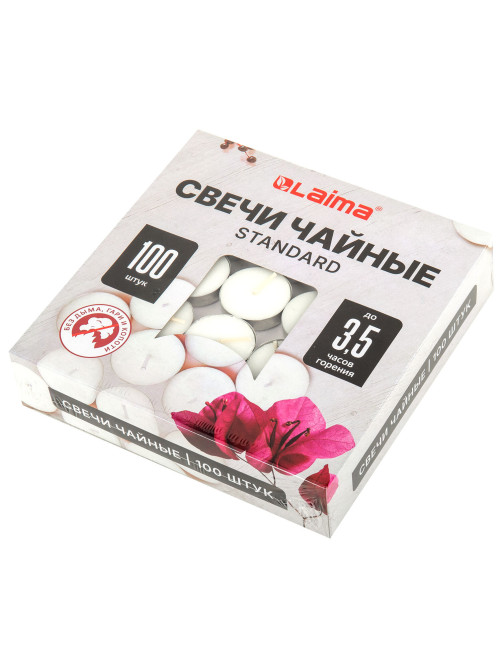 Свечи чайные Standard, до 3,5 часов горения, вес 9 г, КОМПЛЕКТ 100 шт., в гильзе, LAIMA, 609198