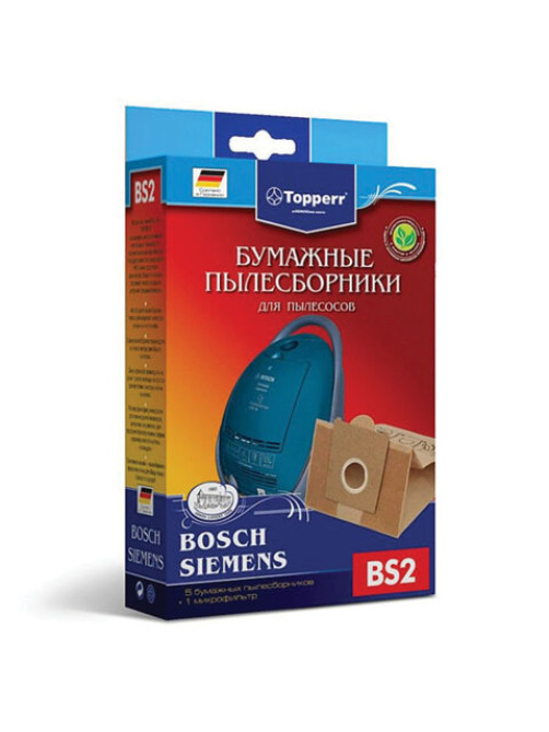 Мешок для пылесоса (пылесборник) бумажный TOPPERR BS2, BOSCH, SIEMENS, КОМПЛЕКТ 5 шт., фильтр, 1001