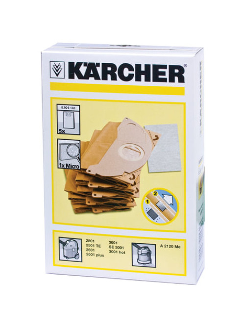 Мешки для сбора пыли KARCHER, комплект 5 шт., бумажные, +1 микрофильтр, для пылесоса SE 5.100, 6.904-143.0