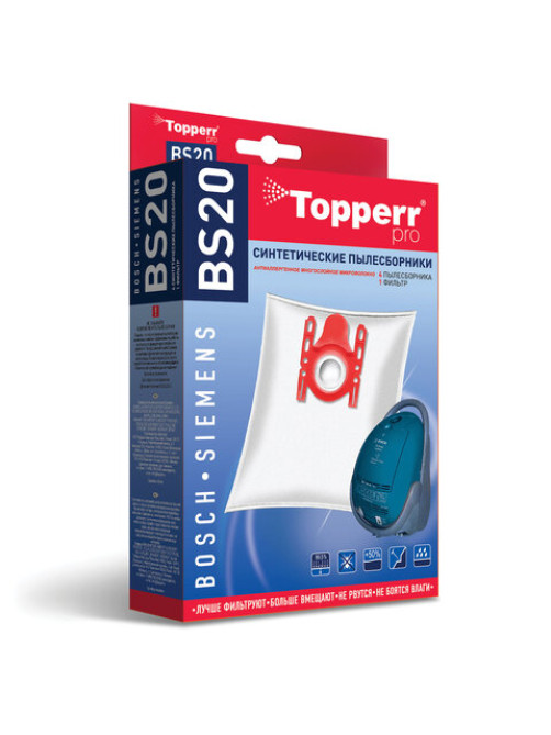 Мешок для пылесоса (пылесборник) синтетический TOPPERR BS20, BOSCH, SIEMENS, КОМПЛЕКТ 4 шт., 1401