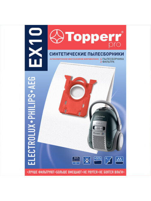 Мешок для пылесоса (пылесборник) синтетический TOPPERR EX10, ELECTROLUX, PHILIPS, КОМПЛЕКТ 4 шт., 1404