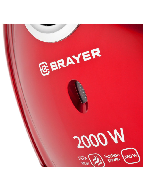 Пылесос BRAYER BR4221, с пылесборником, 2000 Вт, мощность всасывания 380 Вт, черный/красный