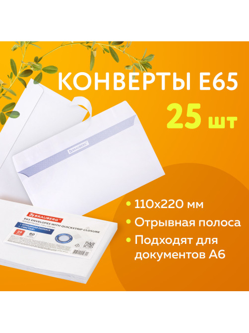 Конверты Е65 (110х220 мм), отрывная лента, 80 г/м2, КОМПЛЕКТ 25 шт., внутренняя запечатка, BRAUBERG, 122449