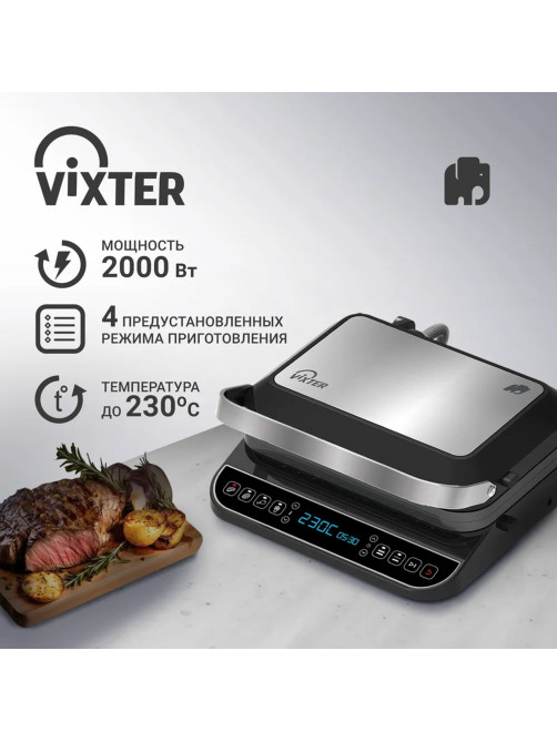 Электрогриль VIXTER ECG-1212, 2000 Вт, съемные панели, регулировка температуры, серебро/черный