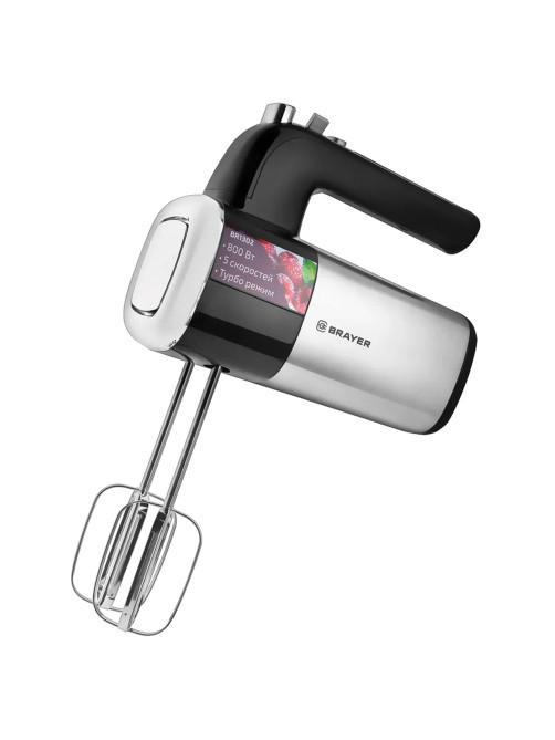 Миксер BRAYER BR1302, 800 Вт, 5 скоростей, 2 венчика, 2 крюка для теста, черный/серебро
