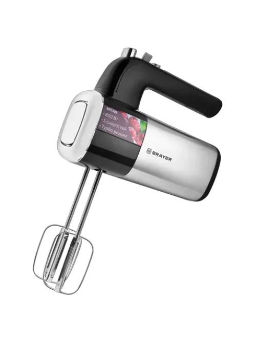 Миксер BRAYER BR1302, 800 Вт, 5 скоростей, 2 венчика, 2 крюка для теста, черный/серебро