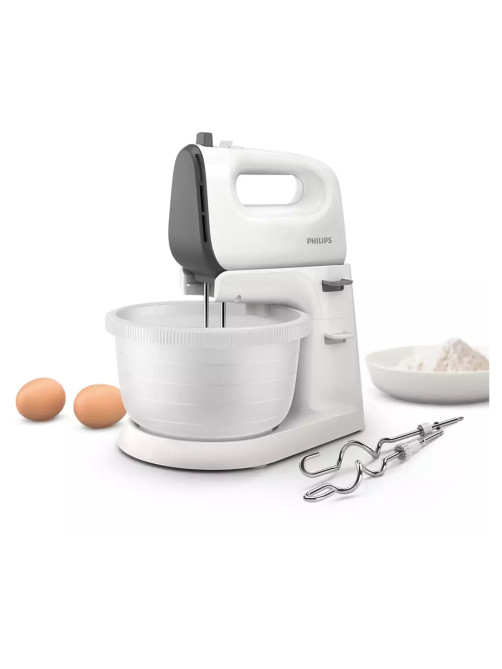 Миксер PHILIPS HR3745/00 на подставке 450 Вт, 5 скоростей, 2 венчика, 2 крюка для теста, чаша, белый