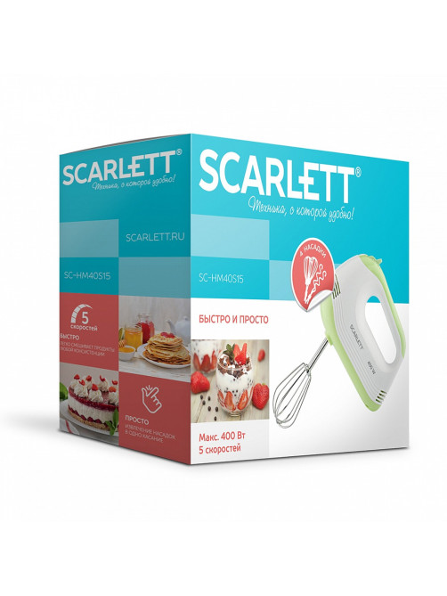 Миксер SCARLETT SC-HM40S15, 400 Вт, 5 скоростей, 2 венчика, 2 крюка для теста, белый/зеленый