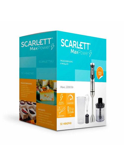 Блендер погружной SCARLETT SC-HB42F40, 2200 Вт, 9 скоростей, 3 насадки, стакан, черный