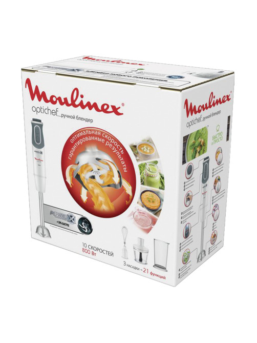 Блендер погружной MOULINEX DD642132, 800 Вт, 10 скоростей, 3 насадки, стакан, белый/серый, 7211002804