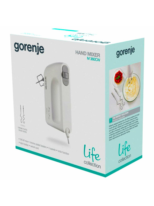 Миксер GORENJE M360CW, 300 Вт, 5 скоростей, 2 венчика, 2 крюка для теста, белый, 73334