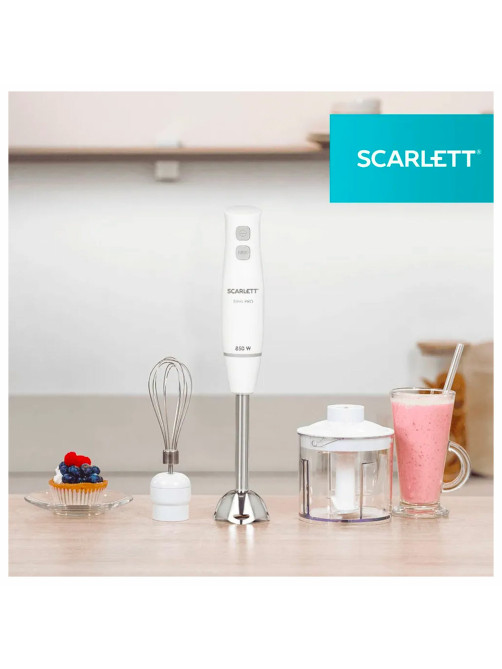 Блендер погружной SCARLETT SC-HB42F06, 850 Вт, 2 скорости, 3 насадки, стакан, белый