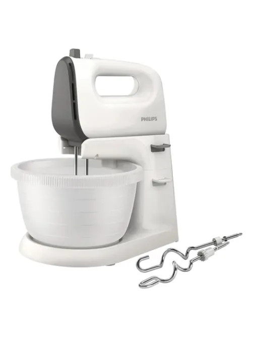 Миксер PHILIPS HR3745/00 на подставке 450 Вт, 5 скоростей, 2 венчика, 2 крюка для теста, чаша, белый
