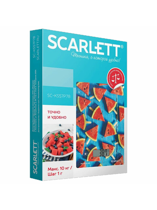 Весы кухонные SCARLETT SC-KS57P78, электронный дисплей, max вес 10 кг, тарокомпенсация, стекло