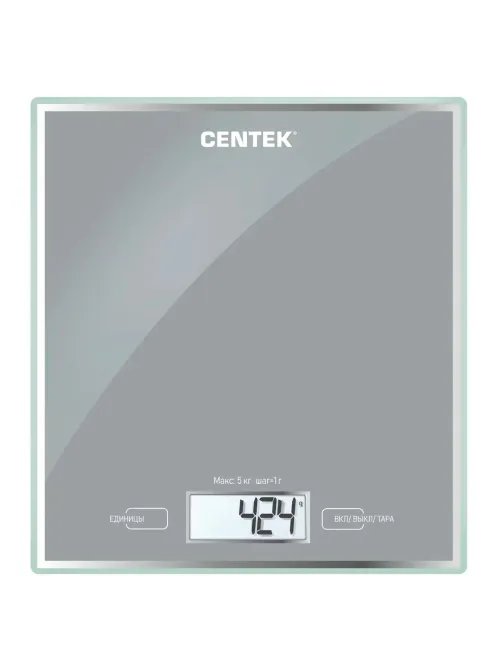 Весы кухонные CENTEK CT-2462 SILVER, электронный дисплей, max вес 5 кг, тарокомпенсация, стекло, CT-2462 Silver