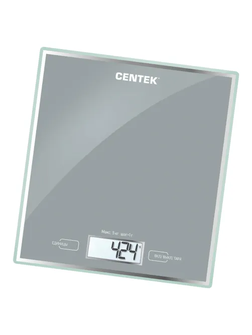 Весы кухонные CENTEK CT-2462 SILVER, электронный дисплей, max вес 5 кг, тарокомпенсация, стекло, CT-2462 Silver