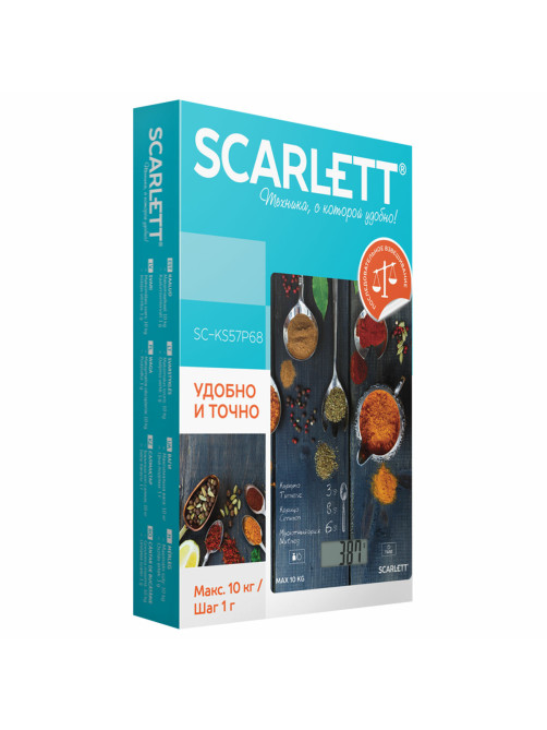 Весы кухонные SCARLETT SC-KS57P68, электронный дисплей, max вес 10 кг, тарокомпенсация, стекло
