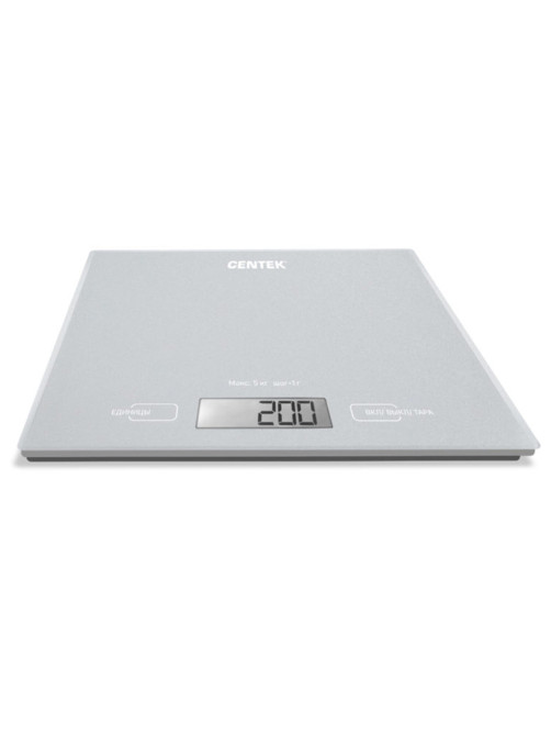 Весы кухонные CENTEK CT-2462 SILVER, электронный дисплей, max вес 5 кг, тарокомпенсация, стекло, CT-2462 Silver