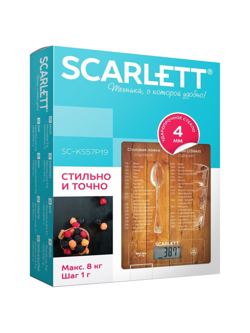 Весы кухонные SCARLETT SC-KS57P19, электронный дисплей, максимальный вес 10 кг, тарокомпенсация, стекло