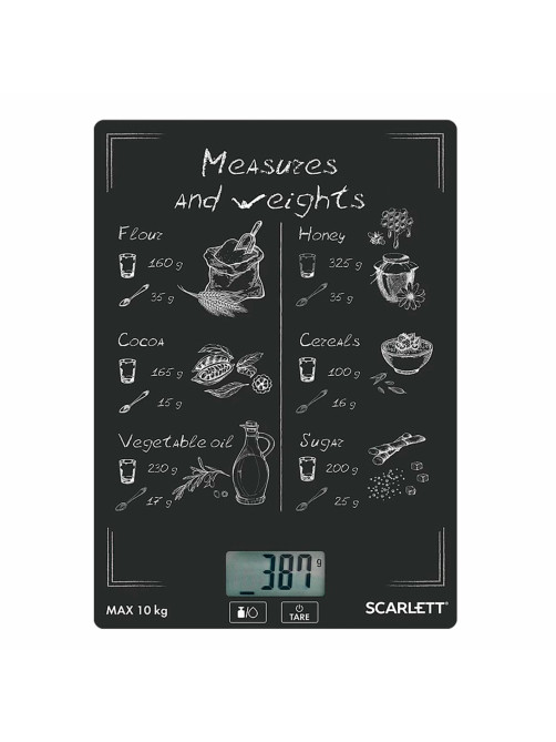 Весы кухонные SCARLETT SC-KS57P64, электронный дисплей, max вес 10 кг, тарокомпенсация, стекло