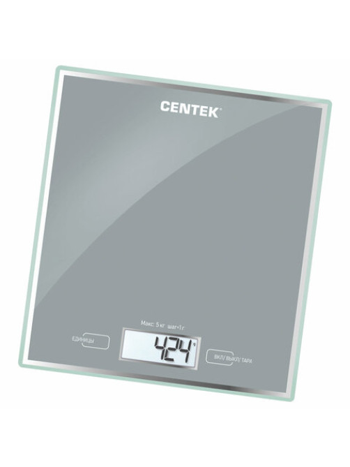 Весы кухонные CENTEK CT-2462 SILVER, электронный дисплей, max вес 5 кг, тарокомпенсация, стекло, CT-2462 Silver