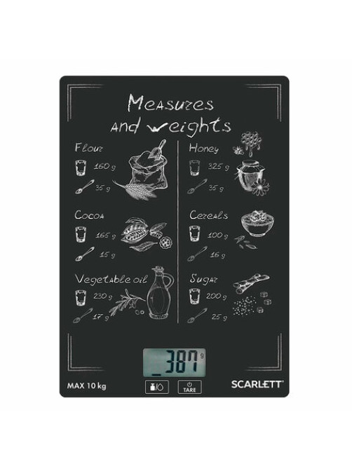 Весы кухонные SCARLETT SC-KS57P64, электронный дисплей, max вес 10 кг, тарокомпенсация, стекло