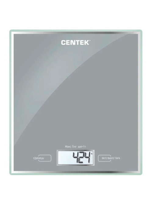Весы кухонные CENTEK CT-2462 SILVER, электронный дисплей, max вес 5 кг, тарокомпенсация, стекло, CT-2462 Silver
