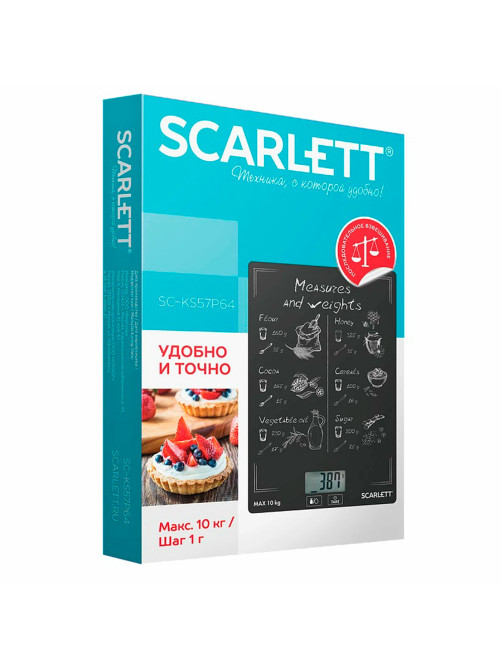 Весы кухонные SCARLETT SC-KS57P64, электронный дисплей, max вес 10 кг, тарокомпенсация, стекло