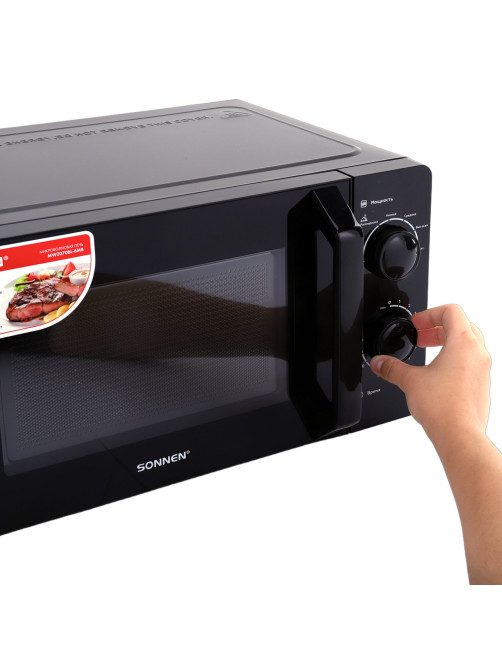 Микроволновая печь SONNEN MW2070BL-6MB, 20 л, 700 Вт, таймер, механическое управление, ручка, черная, 454983