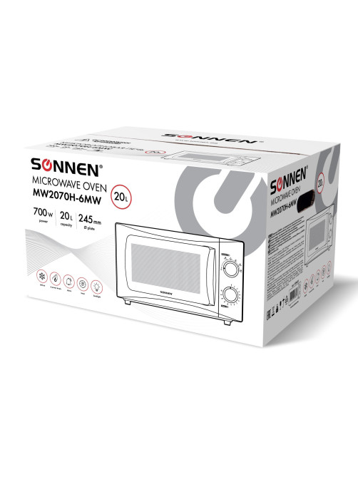 Микроволновая печь SONNEN MW2070H-6MW, 20 л, 700 Вт, таймер, механическое управление, белая, 454652