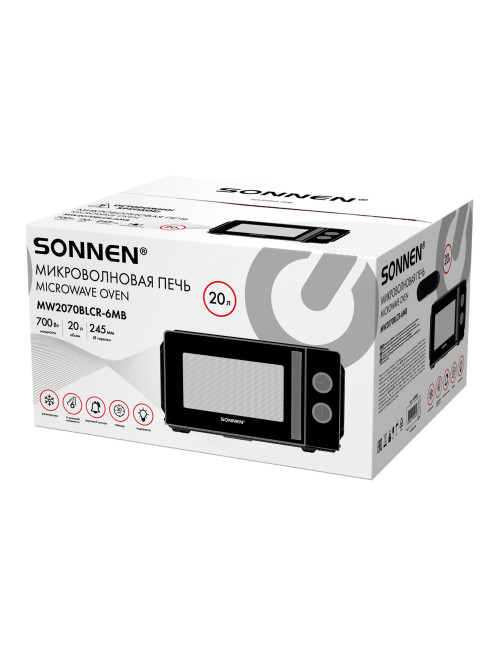 Микроволновая печь SONNEN MW2070BLCR-6MB, 20 л, 700 Вт, таймер, механическое управление, ручка, черная/хром, 454982